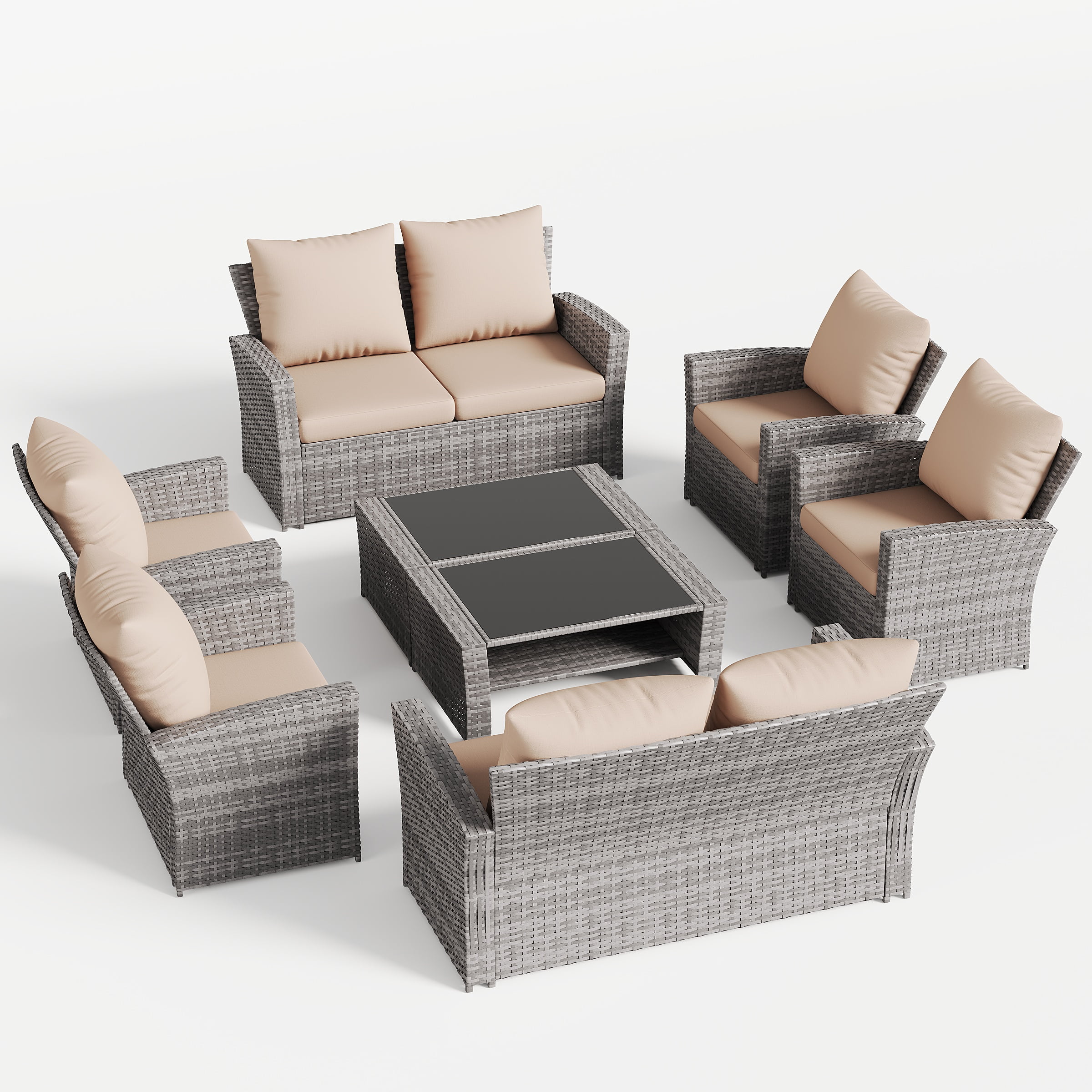 ELPOSUN Wicker Patio Furniture Set, 8 Piece Outdoor Sectional Conversation Sets, Gray PE Rattan Patio Sofa Set for Balcony, Porch, Backyard, Khaki
