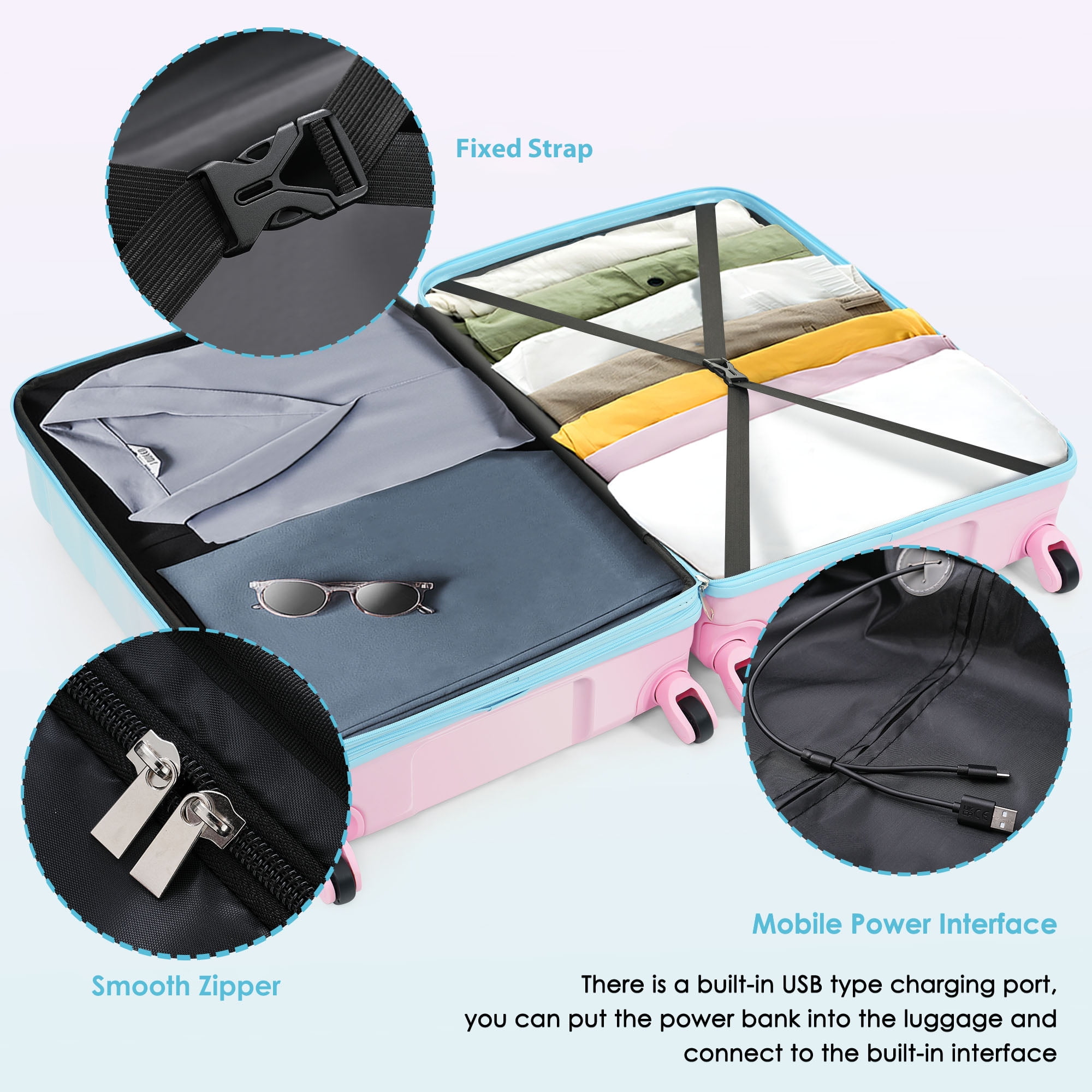3-Piece Luggage Set, 20 Inch Airline Approved Carry-On with USB Port, ABS+PC Hardshell Suitcase with 360° Spinner Wheels & Side Hooks