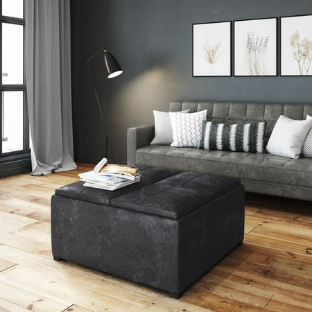 Simpli Home - Avalon Square Coffee Table Storage Ottoman - Distressed Black