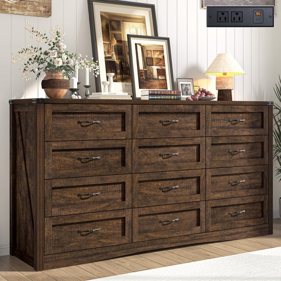 ANPOO 63 Inch Wide Rustic Farmhouse 12 Drawer Dresser, Vintage Wood Chest with Built-in Multi Power Outlet, Wood Dresser for Bedroom, Living Room, Hallway
