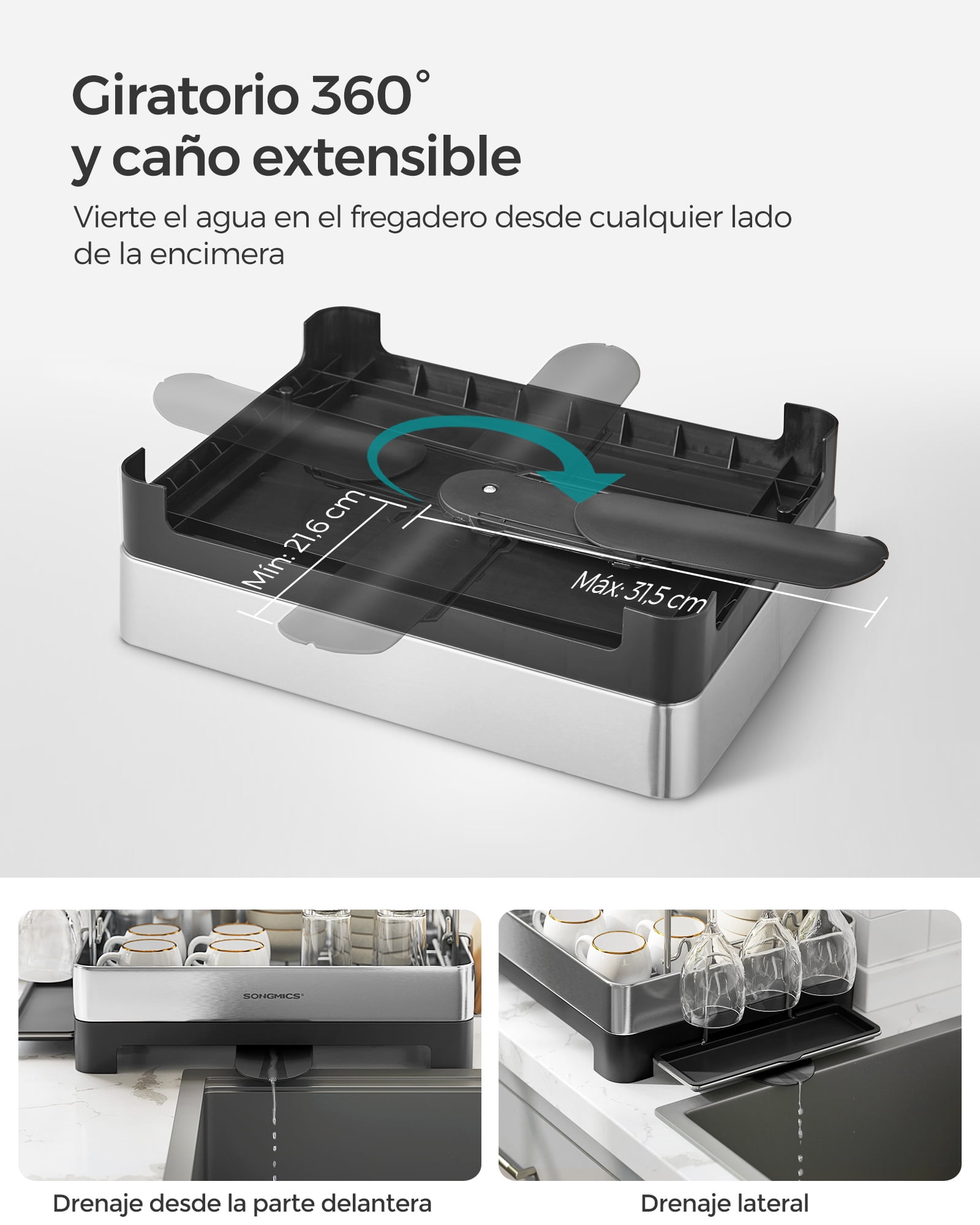 2 Tier Dish Drying Rack with Rotatable and Extendable Drain Spout, Dish Drainer, Black