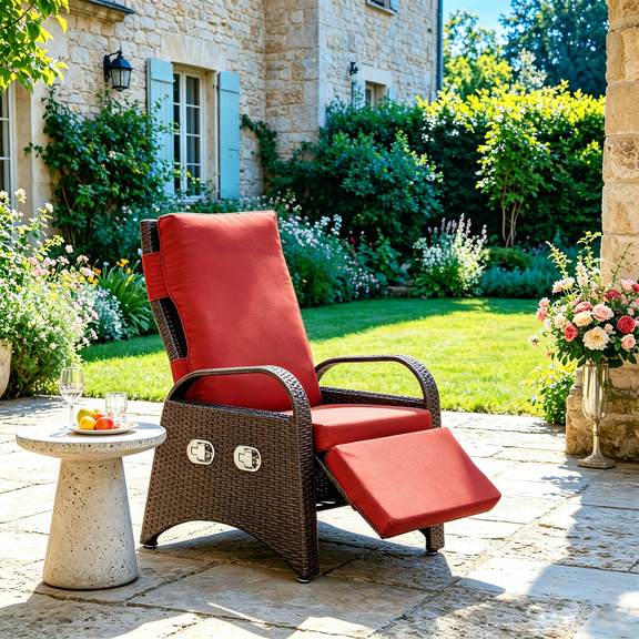 UMI Patio Outdoor Lounge Chair, Rattan Patio Lounge Chair, with adjustable backrest and footrest, 150° reclining position, suitable for gardens, pool areas, etc., Red