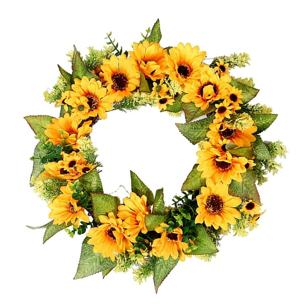 Guirnaldas de girasoles artificiales Guirnaldas florales grandes de 18 "para puerta dentera Girasol amarillo artificial con hojas perfecl corona de girasol