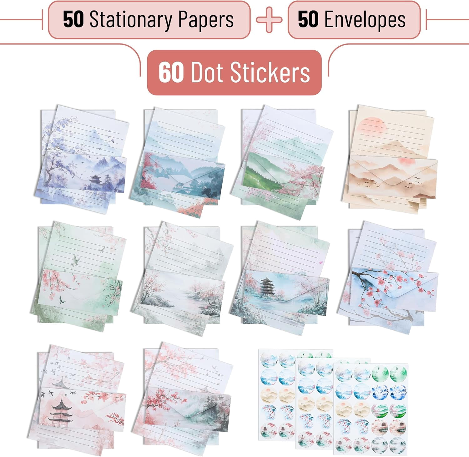 - Stationery Writing Paper with Envelopes, 8.5 x 11 Inch, 160 Pack(50 Letter 50 Envelopes and 60 Round Dot Sticker) Cherry Blossoms Cute Stationary Set 10 Design