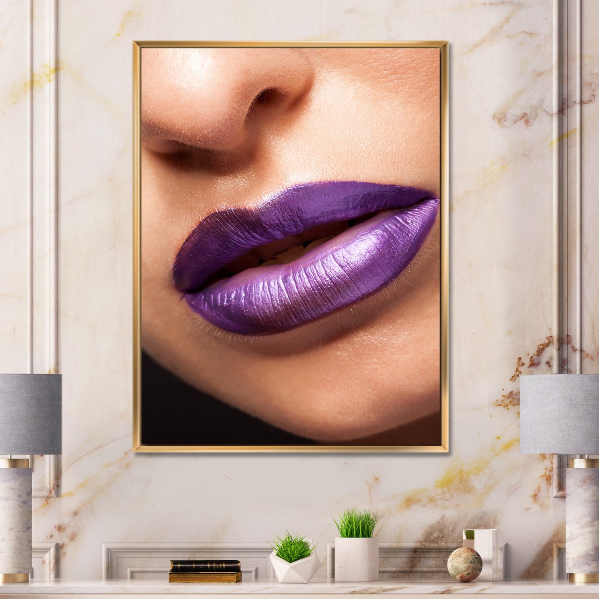 Designart 'Close Up View of Girl Lips With Purple Lipstick' Modern Framed Canvas Wall Art Print