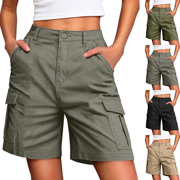 Bermuda Shorts for Women Summer Casual Knee Length Cargo Short Pants with Pockets Outdoor Elastic Waist Long Jorts Black S