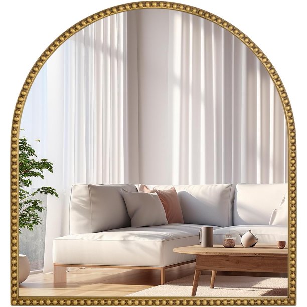 Espejo de baño arqueado de 28 x 26 pulgadas, espejo de pared dorado antiguo, marco de abalorio de metal, espejo de cambiador para cambiador, sala de estar, recámara, repisa, entrada, pasillo