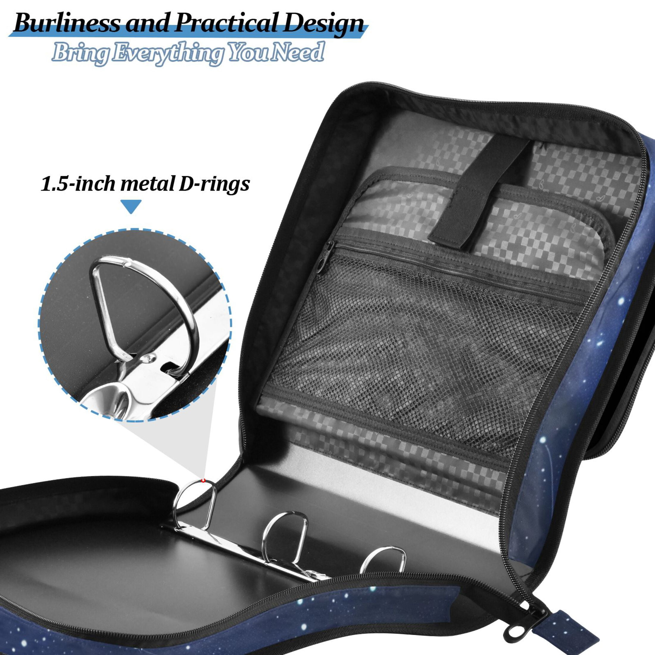 3 Ring Zipper Binder with Shoulder Strap Waterproof Trapper Keeper 1.5 Inch D-Ring 500 Sheets Capacity Bright Star in Sky