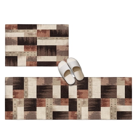 Brown Block 2 Pieces Non-Slip Kitchen Mat Set, Floral Terracotta Cream Grid Mid Century Industrial Soft Door Mat with Rubber Backing, Dirtproof Rugs for Entrance Doorway, 20x24in+20x48in