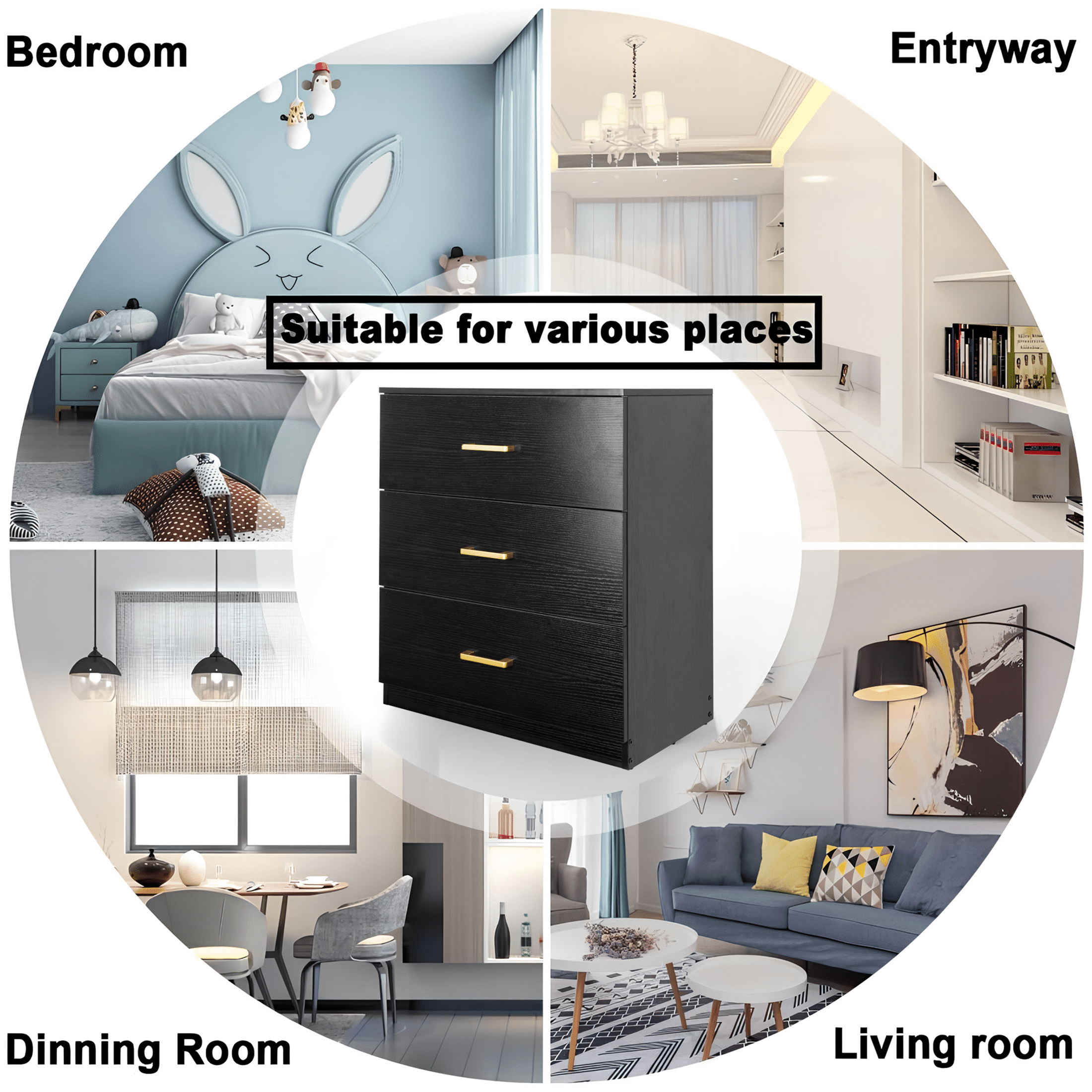 UHOMEPRO Nightstand, Modern 3 Drawer Nightstand, Black Nightstand with Gold Handle, Wooden Side Table Storage Cabinet Unit for Bedroom/Living Room/Small Space