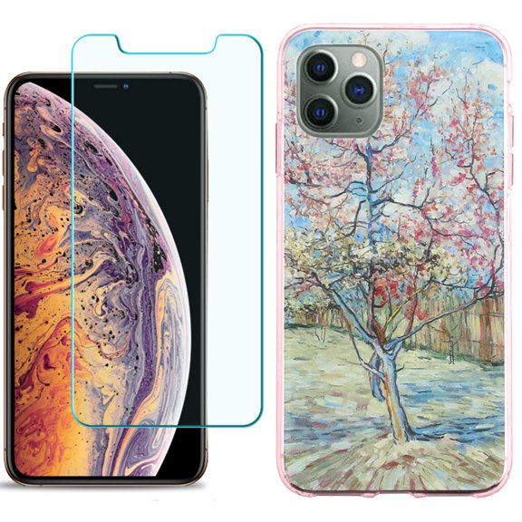 For Apple iPhone 11 PRO Case, Slim-Fit TPU Protective Phone Case (Pink Bezel) with Tempered Glass Screen Protector, by OneToughShield ® - Blossom Tree