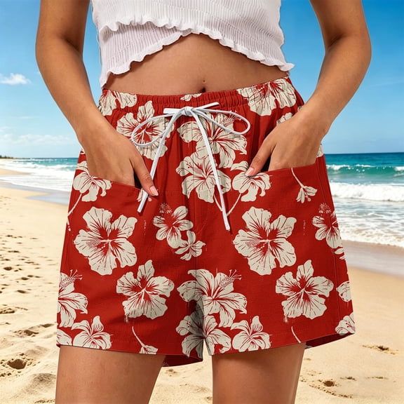 Pounoo Shorts for Women Elastic Drawstring Waist Side Pocket Floral Print Plain Detail Loose Fit Bottoms Beach Lightweight Linen Shorts for Women Gift