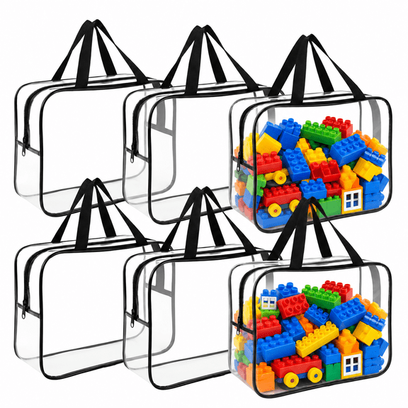 Clear Organizer Bags with Zipper, Clear Storage Bags with Zipper for Toys, Reusable Clear Zipper Pouches and Plastic Storage Bags for Building Blocks Puzzles Toy Storage, 6 Pack