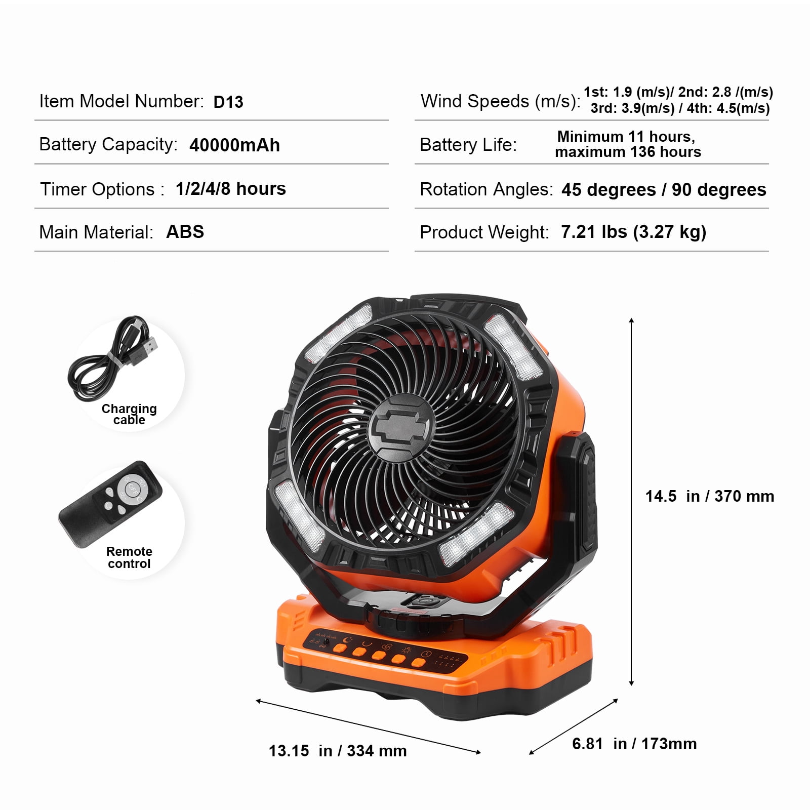 SKYSHALO 13 inch Camping Tent Fan, 2000mAh Portable Fan with Hook for Tents, Rechargeable Auto Oscillating with LED Lantern 4 Speeds Adjustable, Swivel Timer