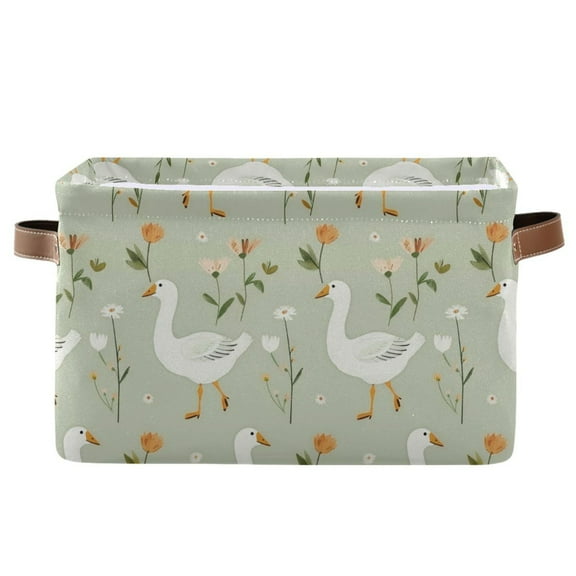Gooses with Flowers Storage Bins with Handle Fabric Organizer Basket Foldable Box 1 Pack 14.2x10.2x8.3