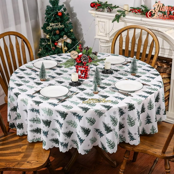 Christmas Tablecloth 60 x 60 Inch Round, Christmas Tree Decorations Round Tablecloths Christmas Table Cloth Seasonal Winter Holiday Scallop Edge Table Cover Party Table Decorations