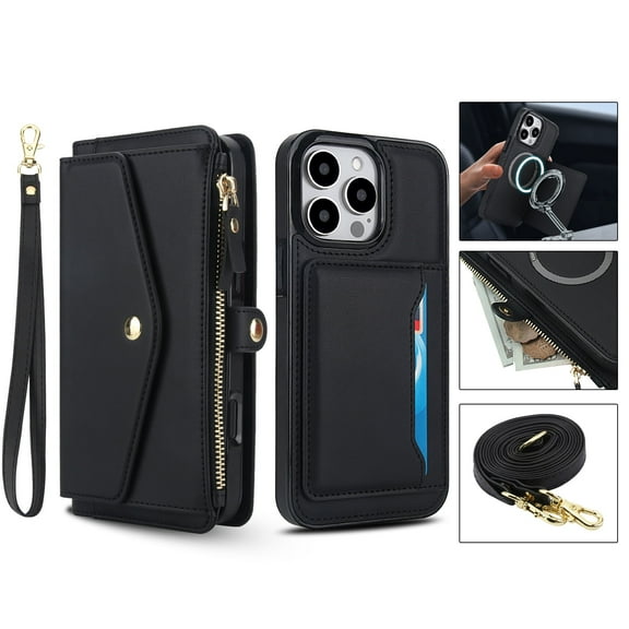 Allytechgroup for iPhone 11 Pro Case with Detachable Cards Holder, Built-in Shoulder Strap Wrist Strap Compatible with MagSafe Shockproof Magnetic Full Body Cover for iPhone 11 Pro, Black