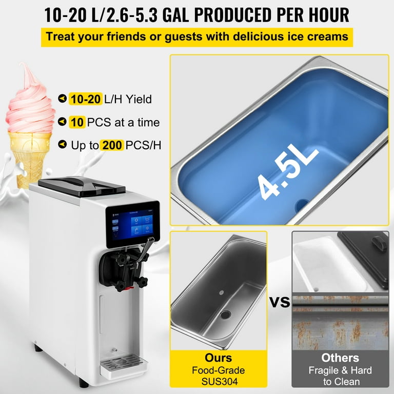 VEVOR Commercial Ice Cream Machine, 10-20L/H Yield, 1000W Countertop Soft  Serve Maker with 4.5L Hopper 1.6L Cylinder Touch Screen Puffing Shortage
