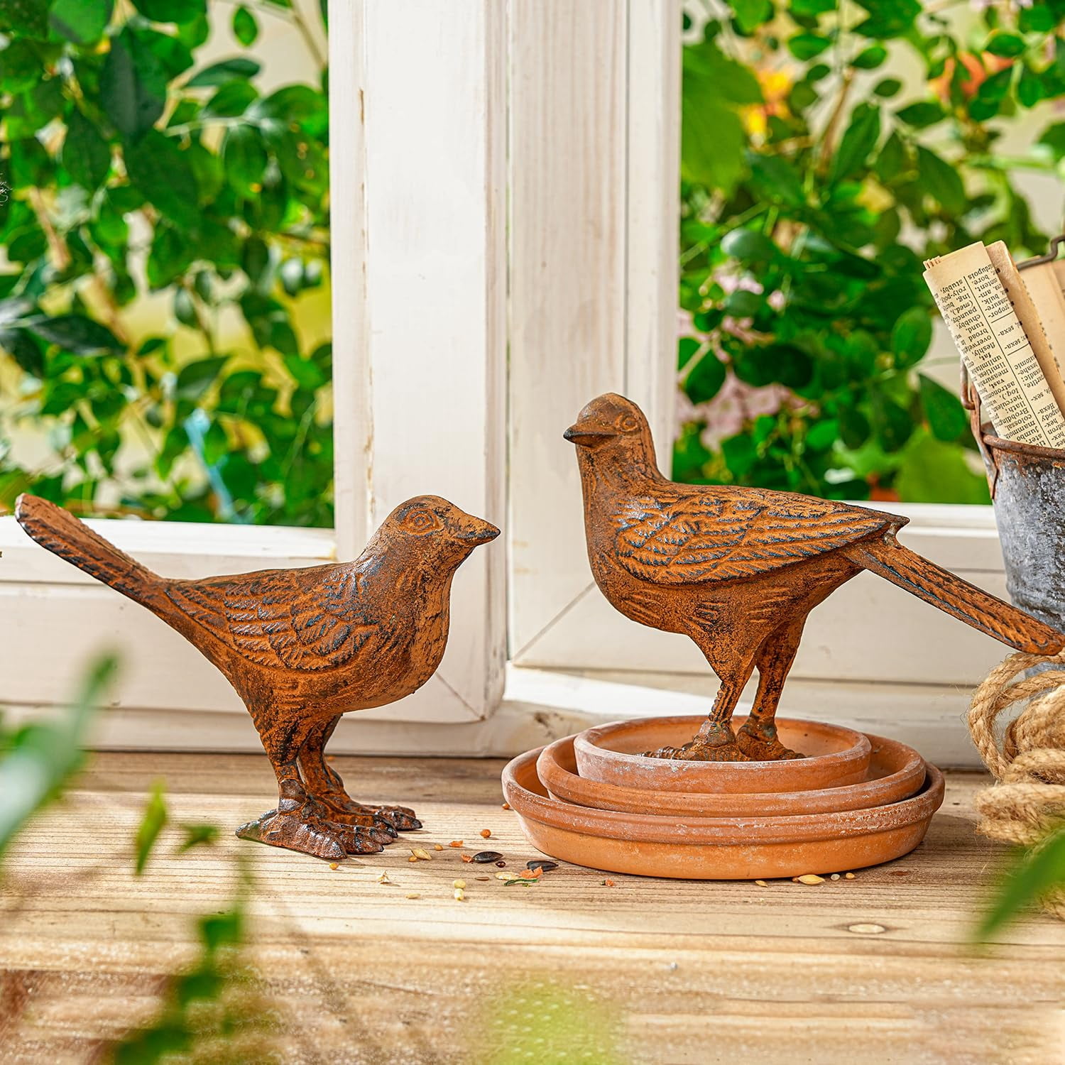 Sungmor Cast Iron Bird Statues Set of 2, Vintage Animal Collection Figurines, Home Office Table Decor, Paperweight, Doorstop, Garden Lawn Cute Ornament, Rust Finish