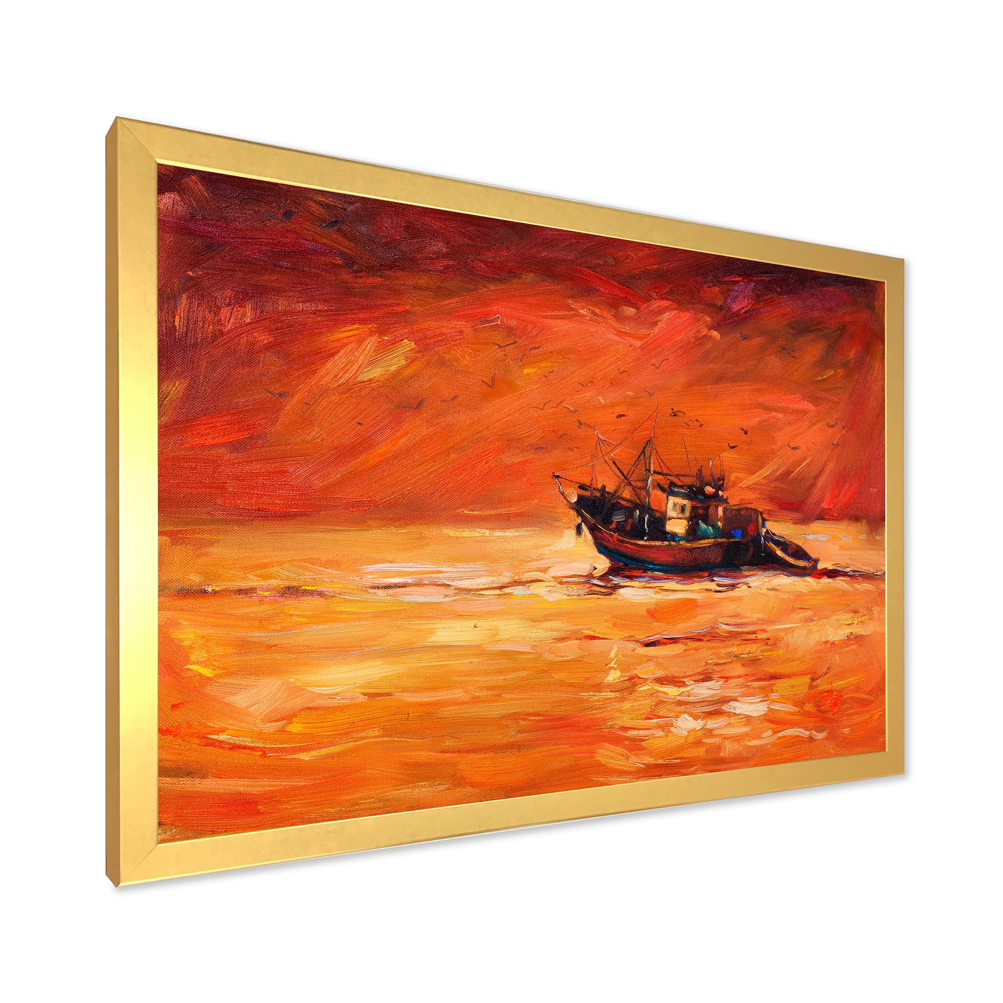 Fishing Boat During Red Evening Glow 20 in x 12 in Framed Painting Canvas Art Print, by Designart
