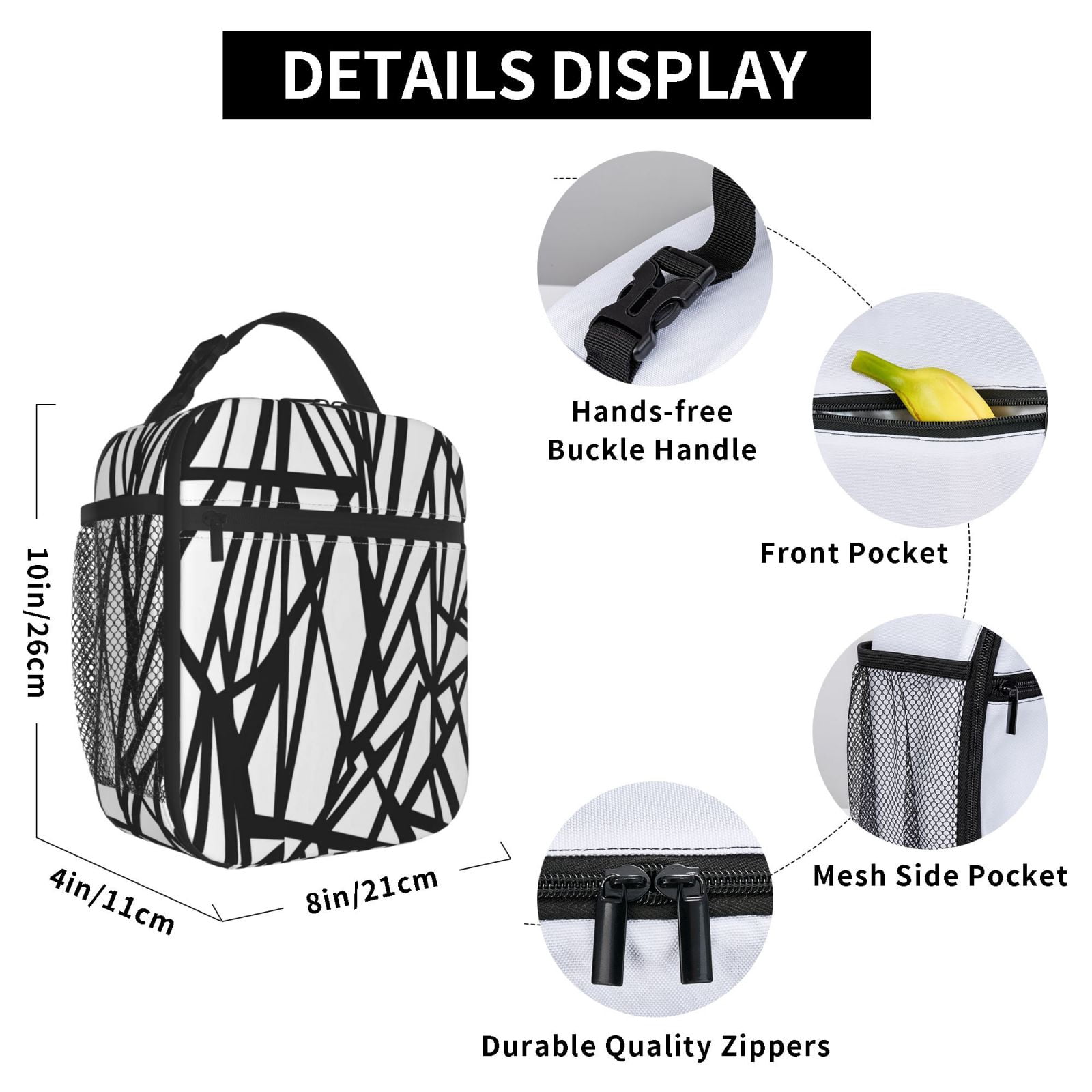 Lunch Bag For Women Men Insulated Portable Lunch Box Bento Box Office Picnic Travel Cooler Bag Black Geometric Lines_4