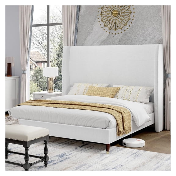 Queen Bed Frame Linen Upholstered 51.2" Tall Headboard, White