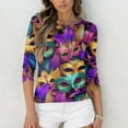 thumbnail image 4 of Mardi Gras Shirts Womens Carnival Crew Neck Purple Blouse 3/4 Sleeve Mask Print Green Graphic Tee Gold 2XL, 4 of 7