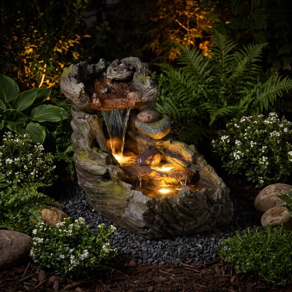 32.5" L Garden Outdoor Water Fountain, Floor Standing Cascading Realistic Tree Trunk Natural Waterfall Outdoor Fountains with LED Lights for Patio, Porch, Home Art Decor