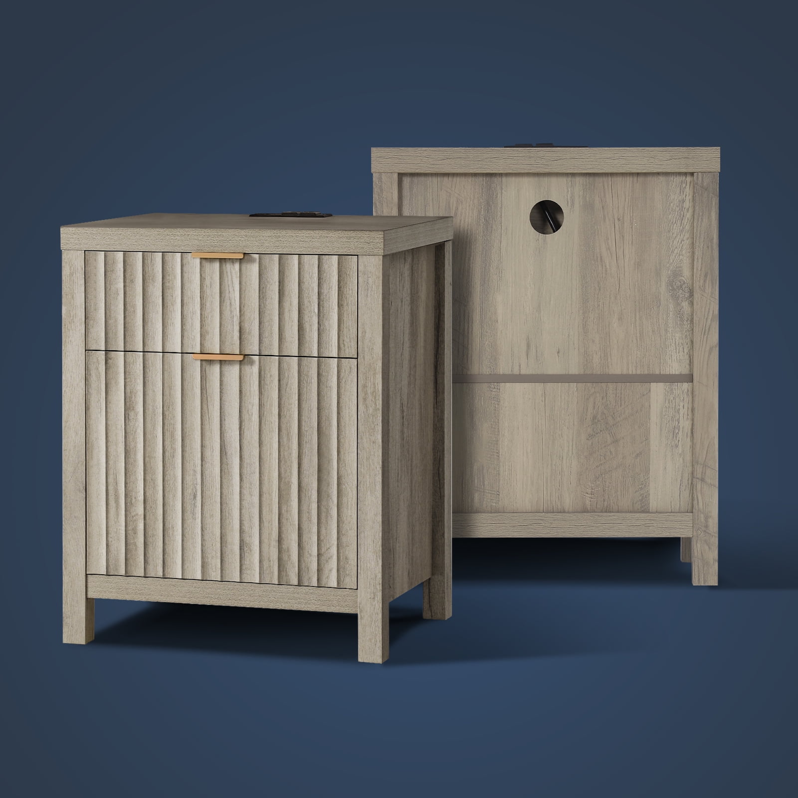 OAKHAM Gray Nightstand with 2 Drawers, Farmhouse Bedside Table with Charging Station, Set of 2