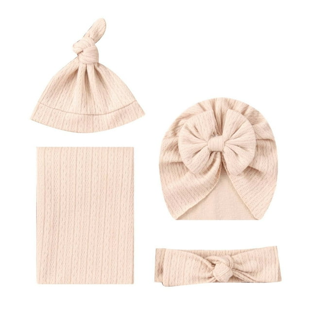 Fiudx Conjunto de Manta Envolvente de Algodón Suave, Gorro Turbante y Diadema con Lazo para Bebé, Transpirable y Agradable para La Piel, Ideal Como Regalo de Baby Shower o Accesorio Fotográfico, de R