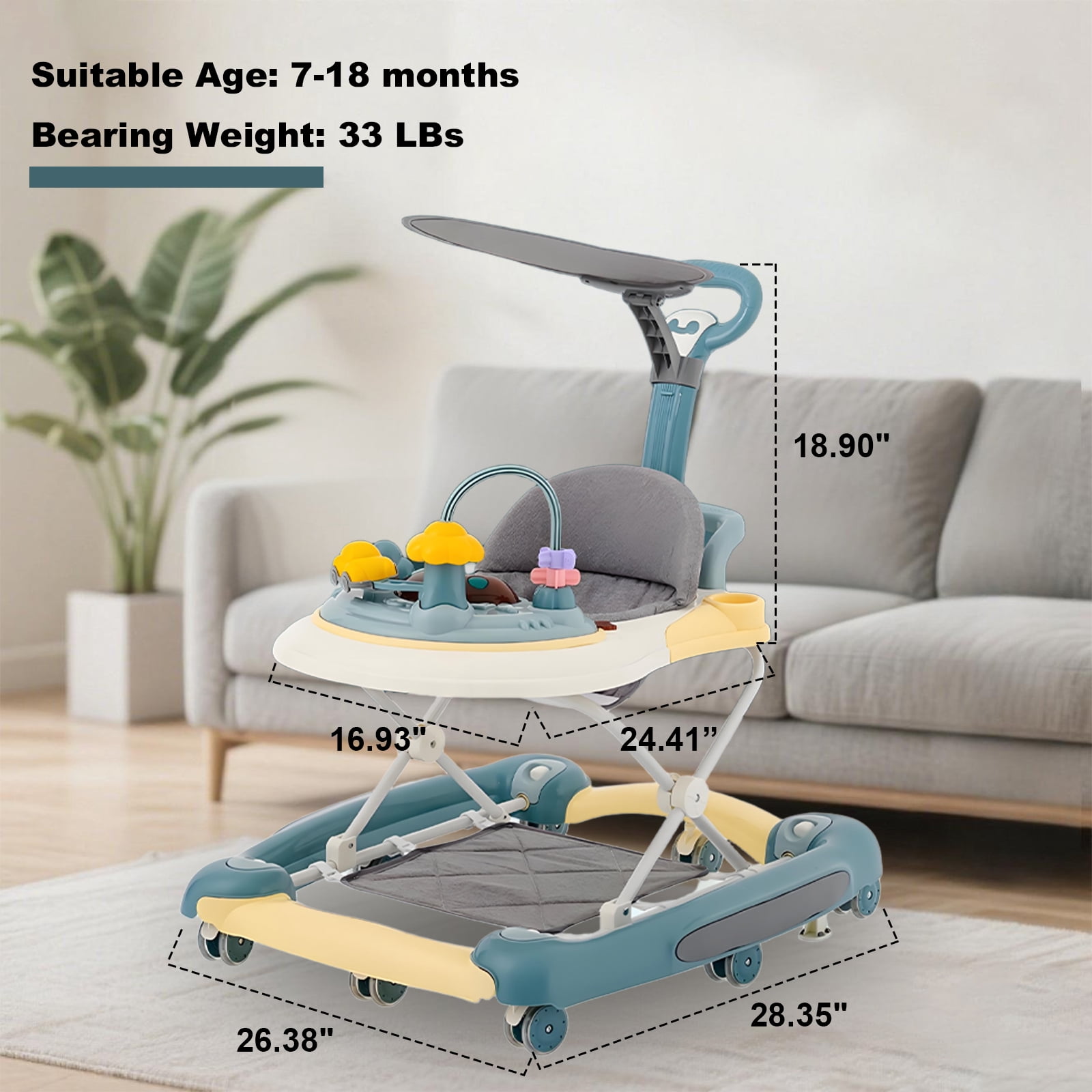 ManyFun 5-in-1 Baby Walker, Musical Activity Push Walker with Detachable Awning Footrest, Adjustable Height, Blue