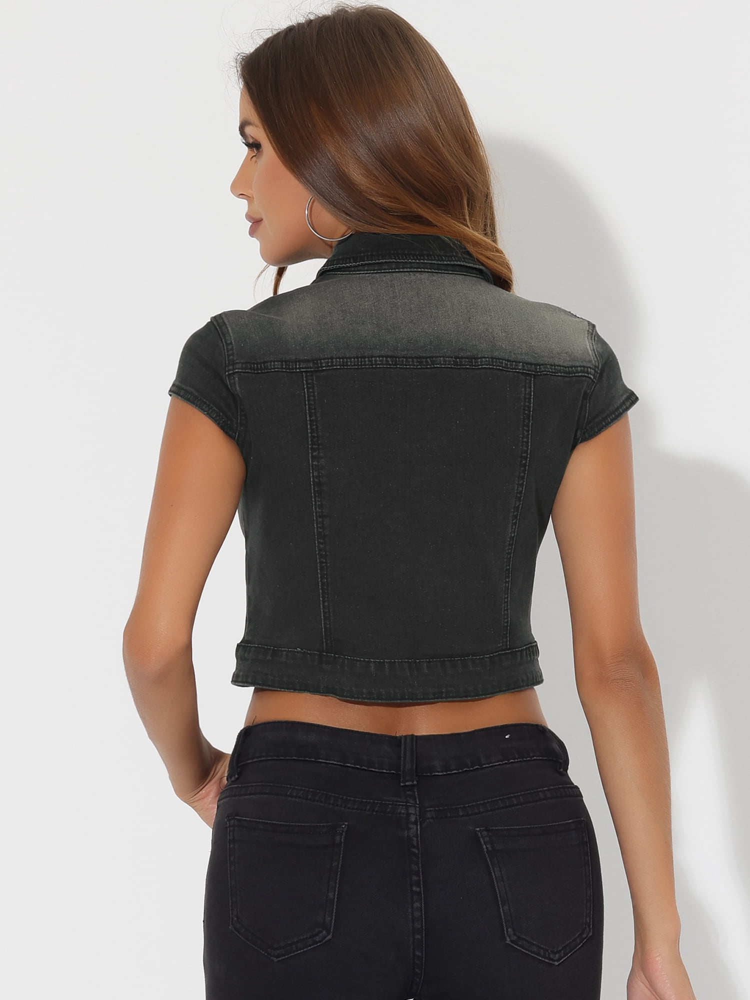 DARING DIVA Women's Cap Short Sleeve Cropped Denim Jacket M Black