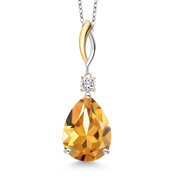 Gem Stone King 925 Silver and 10K Yellow Gold Yellow Citrine and White Moissanite Pendant Necklace for Women | 11.12 Cttw | Gemstone November Birthstone | Pear Shape 18X13MM | With 18 inch Chain