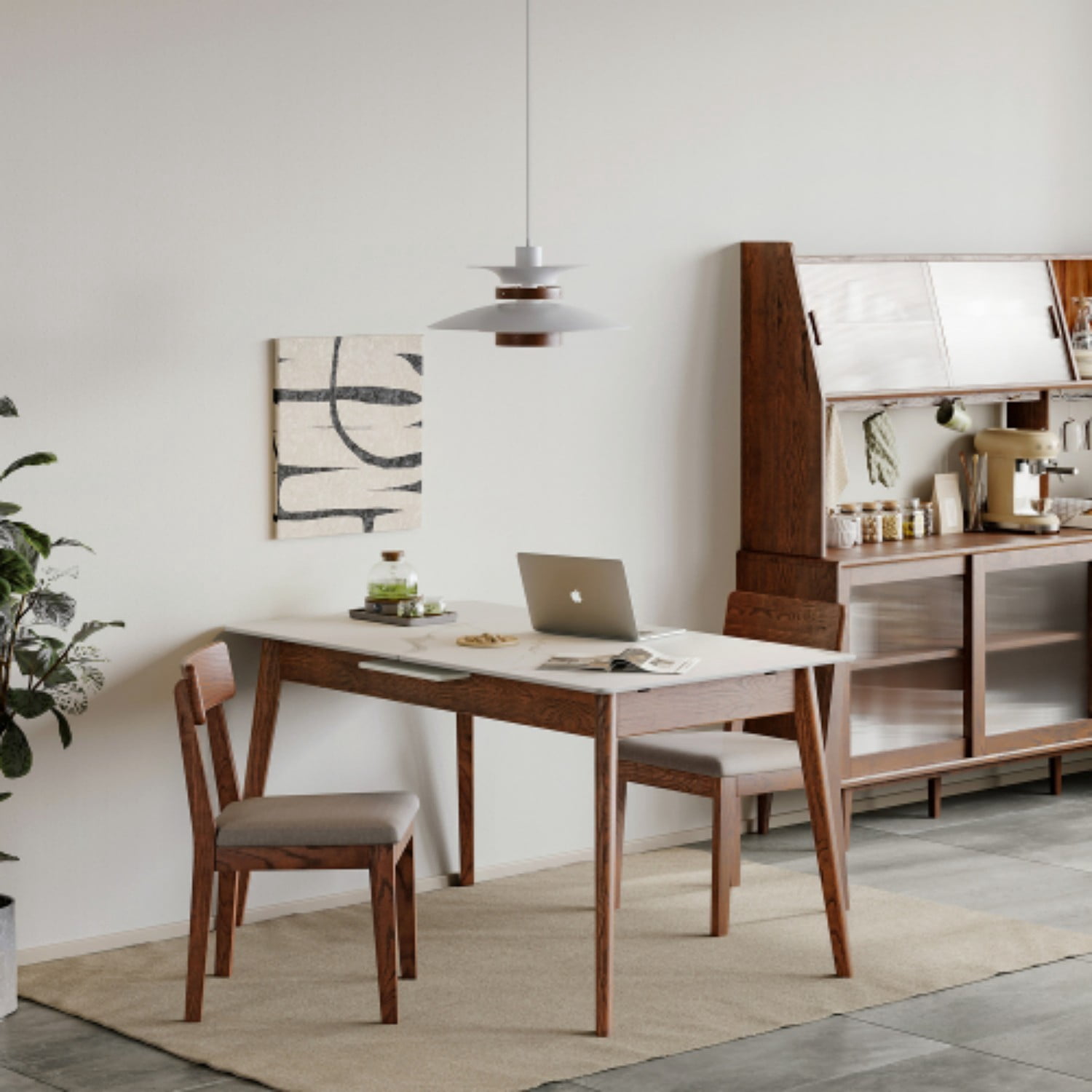Extendable Solid Oak Dining Table, 47.2"-59.1" Modern Farmhouse Wood Kitchen Table with White Sintered Stone Top, Seats 6-8, Walnut