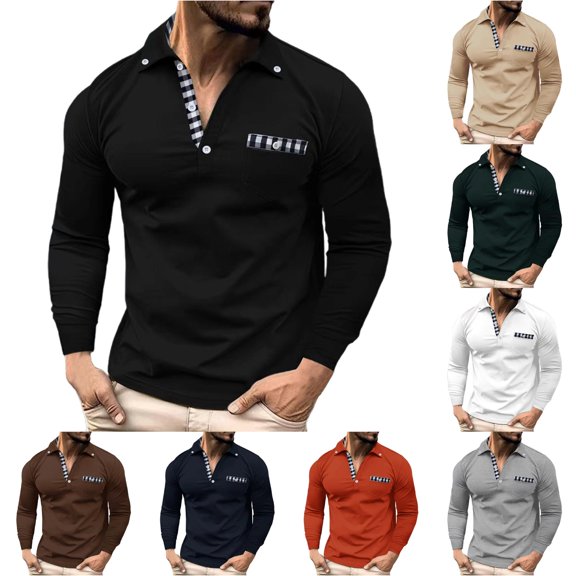TIANZEN Men's Spring And Summer Daily Casual Patchwork Checkered Lapel Long Sleeved Top Mens Colla Shirt