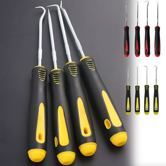 4-Piece Hook and Pick Screwdriver Set, Stainless Steel Auto Puller Tools, Tire Stone Cleaner, Multi-Angle, Ergonomic Handle, for Automotive and DIY Use, Yellow/Red