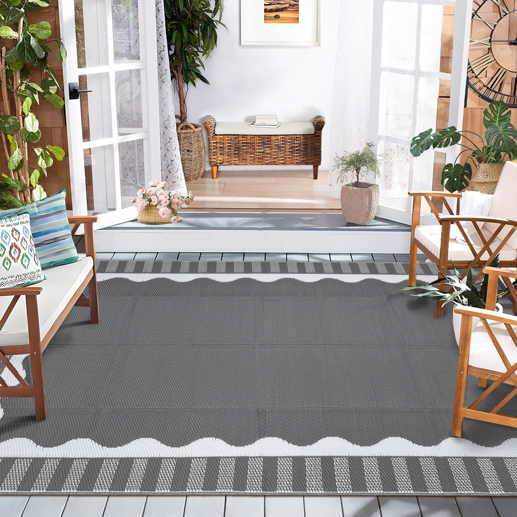 Nanan 8'x10' Outdoor Rug Scalloped Bordered Outdoor Patio Rug Waterproof Reversible Plastic Straw Rug for Camping Picnic Deck Balcony, Gray