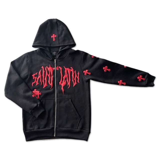 Sudadera con capucha Y2k Emo para hombre, ropa de calle con cremallera, jersey de hada Grunge, chaqueta gótica cruzada con letras de gran tamaño, TopsBlack01