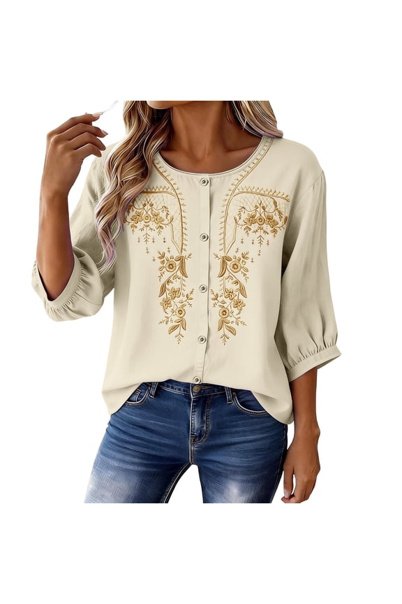 Women's 3/4 Sleeve Crew Neck Embroidered Cotton Linen Button Down Shirt, Casual Blouse for Summer Daily Wear, Lightweight and Breathable Beige XXL