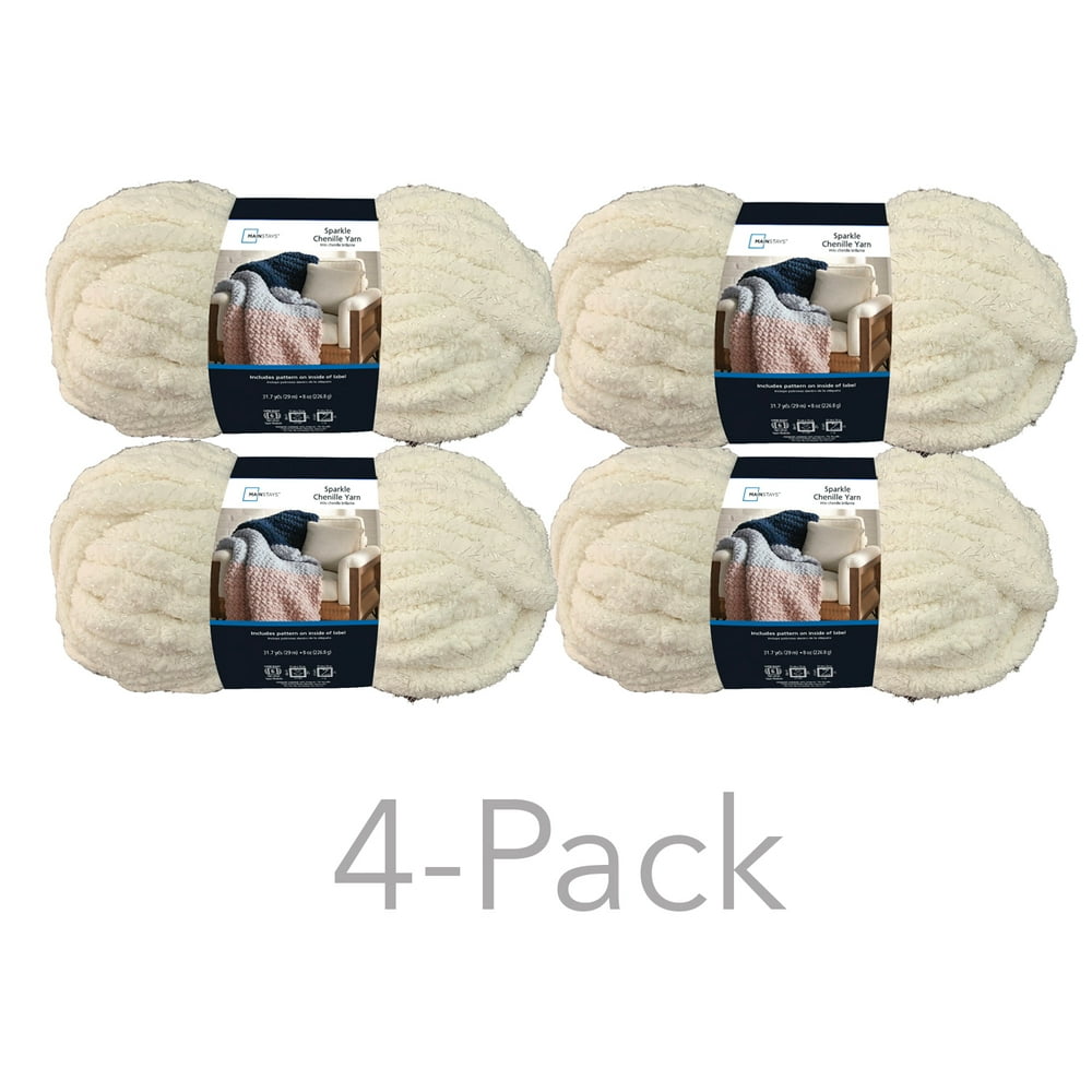 Mainstays Super Bulky Sparkle Chenille Yarn White, 31.7 yd, 4Pack