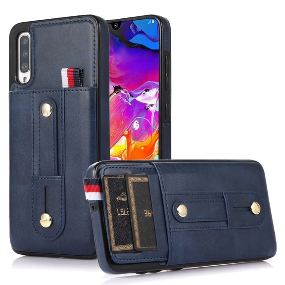 for Samsung Galaxy A70 Case Wallet with Slide Credit Card Holder, Flip Premium PU Leather Hidden Kickstand Classic Retro Heavy Duty Protective Cover for Samsung Galaxy A70,Blue