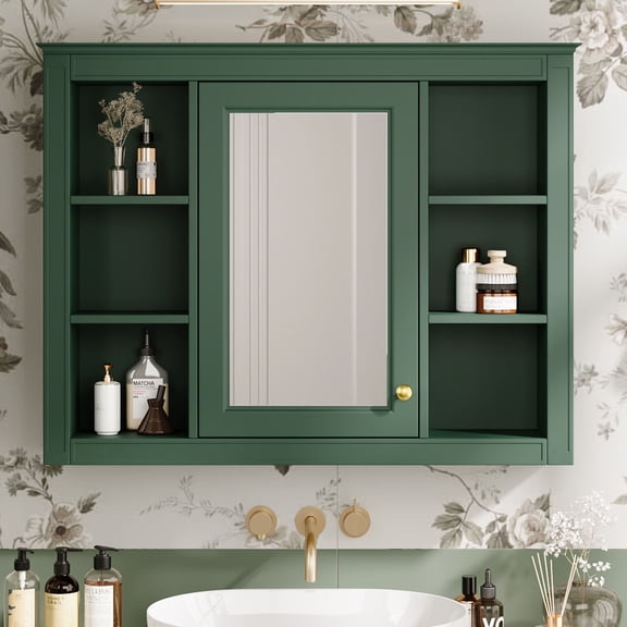 CQSXDA Modern Green Wall Mounted Bathroom Medicine Cabinet with Mirror Shelves Concealed Storage