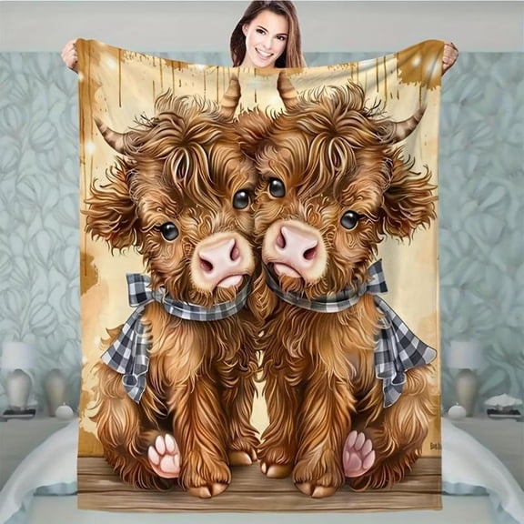 HELLOYOUNG Soft Plush Throw Blanket Highland Cow Print Cozy Microfiber Lightweight Warm Blanket for Couch Bed Sofa Travel