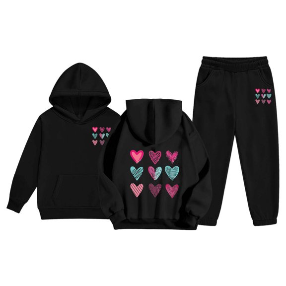 Girls Sweat Suit Girls Winter 2 Piece Tracksuit Hooded Long Sleeve Heart Print Top and Pants Soft Warm Fabric Playwear Cozy Toddler Loungewear Kids Sweatsuit Black 2 Years-3 Years