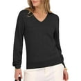 thumbnail image 3 of Suéter de Larga con Cuello en V para Mujer, Estilo Casual Clásico de Otoño, Suave y Holgado, Básico, Tipo Jersey Flor Negra Gris XXL, 3 of 10