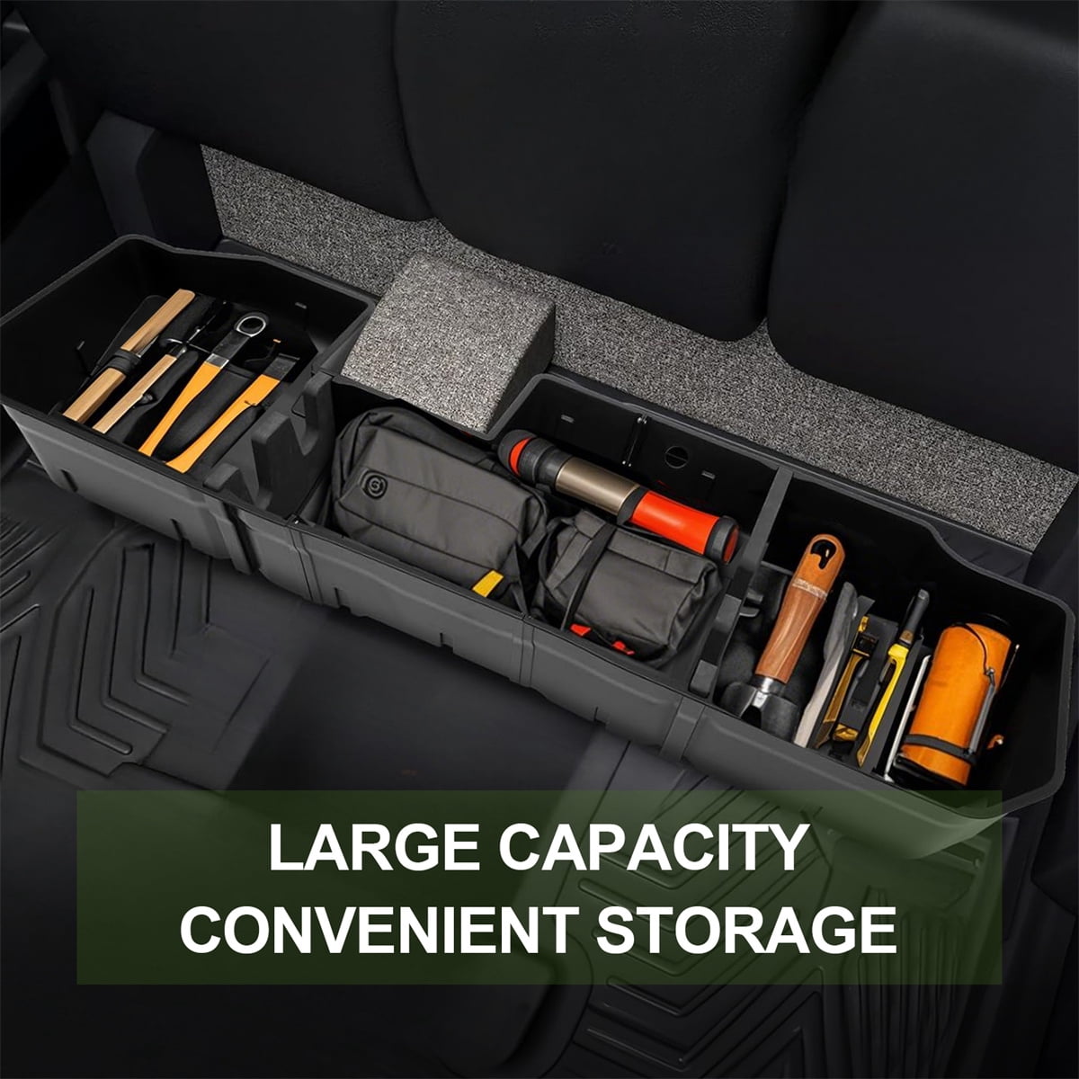 Underseat Storage Box Compatible with 2020-2024 2500HD/3500HD Crew Cab, 2019-2024 Chevrolet/GMC Silverado/Sierra 1500, Black Rear Under Seat Extra Cargo Store