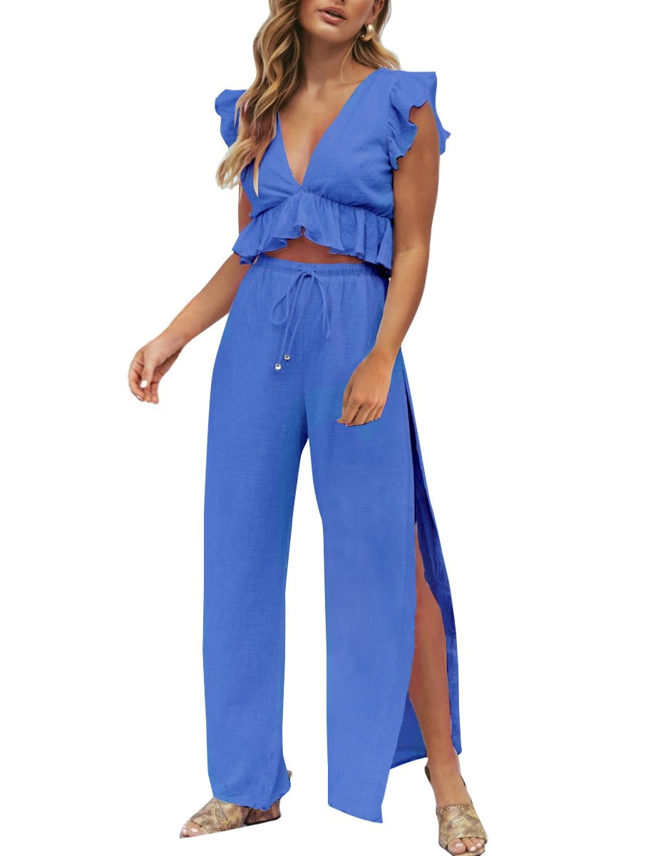 Wide Leg Pants Set Jumpsuits Royal Blue 
