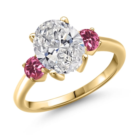 2.50 cttw IGI Certified Lab Grown Diamond and Pink Tourmaline 3-Stone Engagement Ring for Women | 18K Yellow Gold Plated Silver | Center 2.00 Ct Diamond | E-F Color | VS1-VS2 Clarity | Size 8