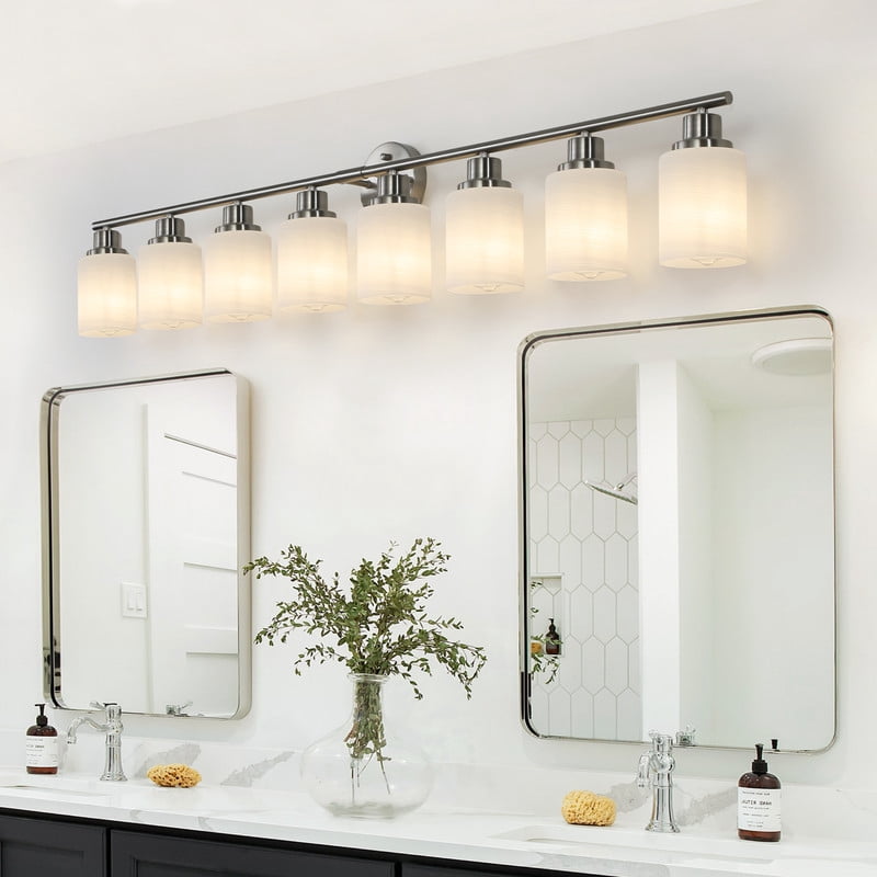 52" Modern 8-Light Bathroom Vanity Light Fixture, Brushed Nickel Wall Sconce with Frosted Glass Shades, Hardwired Lighting for Vanity Mirror, Hallway, Powder Room (Bulbs Not Included)