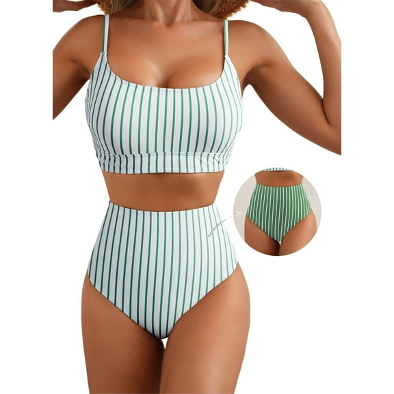 Eytino Swimsuit Women High Waisted Bikini Sets Color Block 2 Piece Swimming Suits Summer Beach Tummy Control Bathing Suit Swim Top with Reversible Bottom Swimwear Blue Green